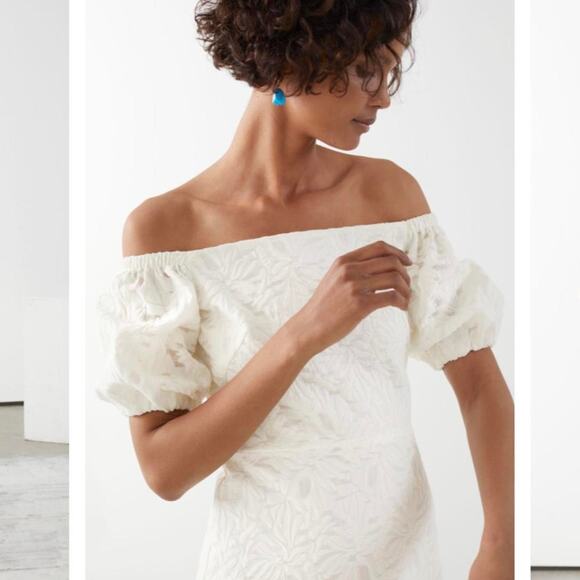 & Other Stories White Mini Dress Off Shoulder Jacquard Puff Sleeves Bardot SZ 4 - Picture 1 of 8